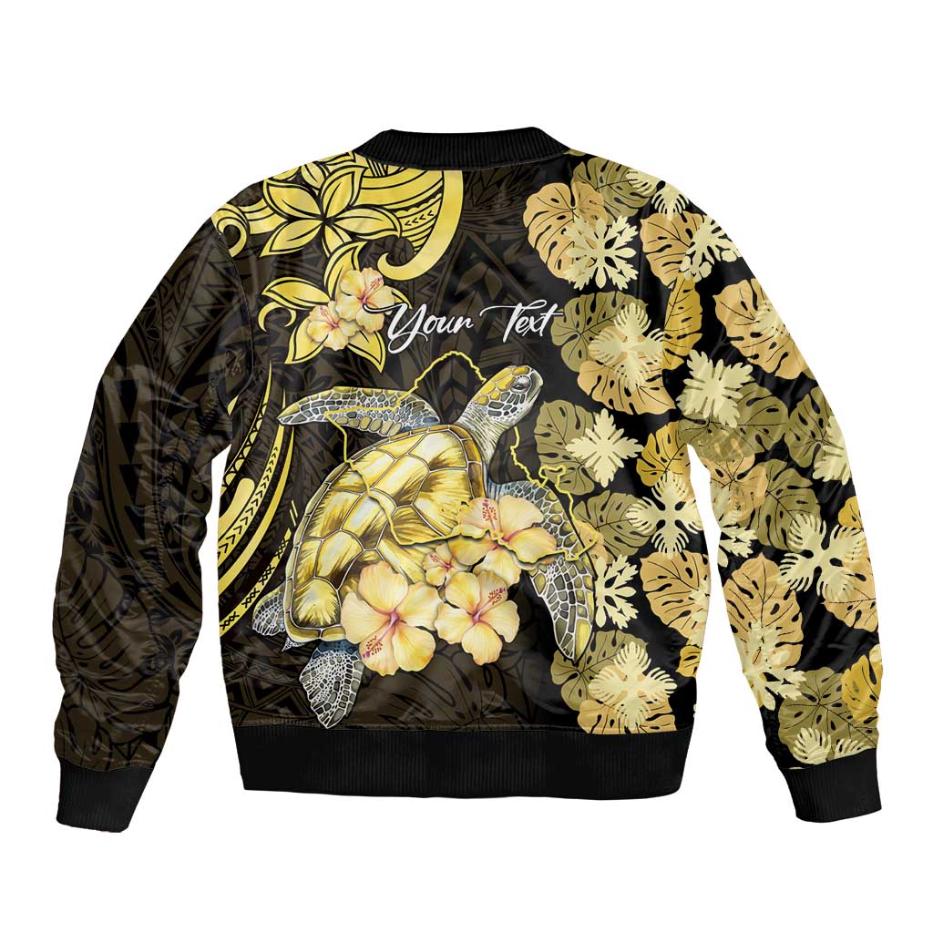 Personalised Aloha Hawaii Oahu Island Sleeve Zip Bomber Jacket Gathering Place Sea Turtle Ilima Flowers