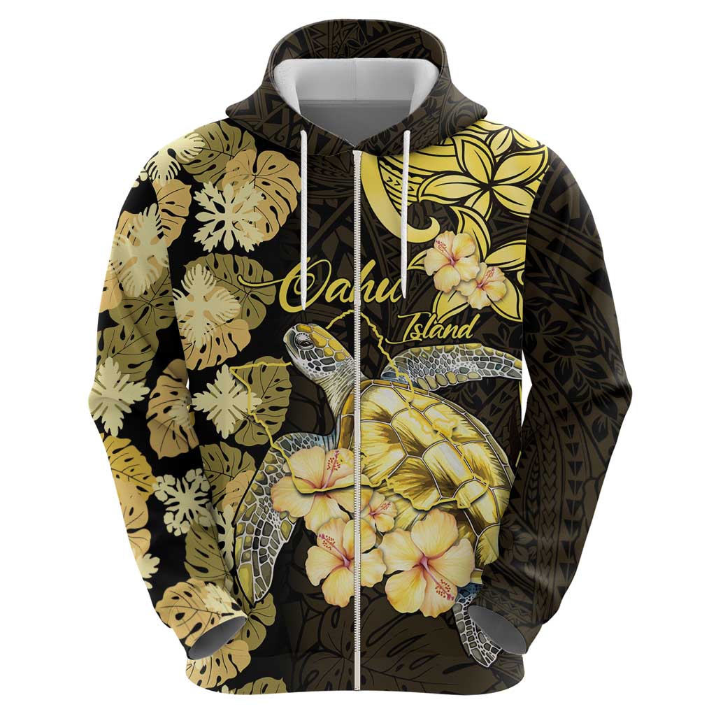 Personalised Aloha Hawaii Oahu Island Zip Hoodie Gathering Place Sea Turtle Ilima Flowers