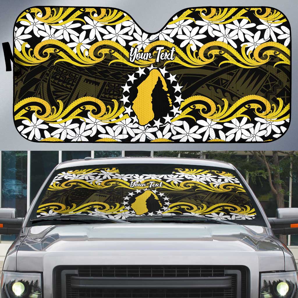 Personalised Cook Islands Aitutaki Auto Sun Shade Tiare Maori Polynesian Waves Tattoo LT14 Yellow - Polynesian Pride