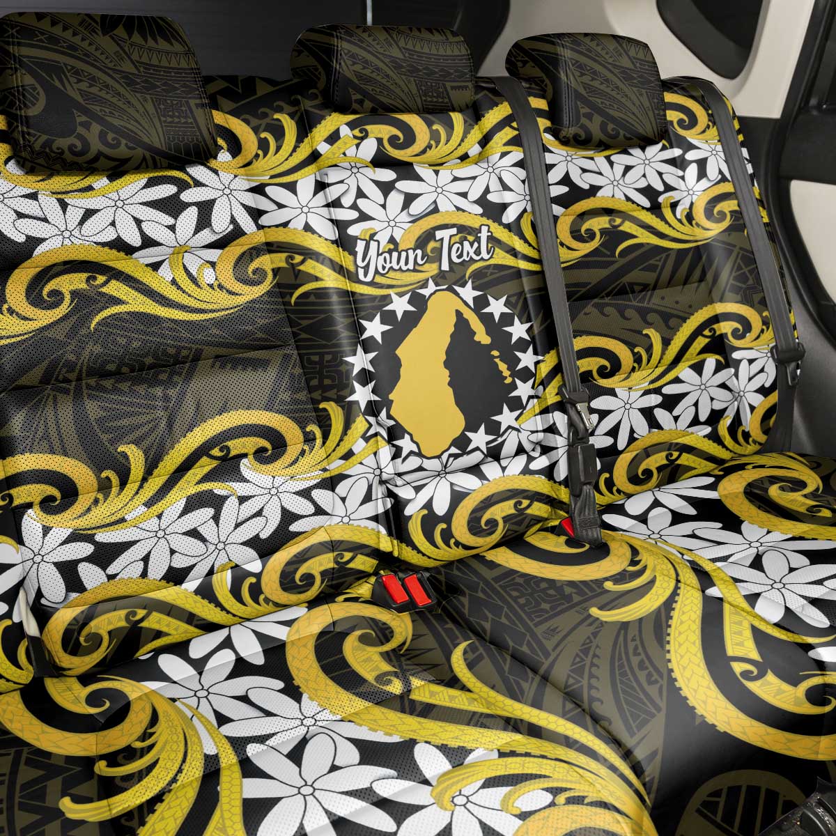 Personalised Cook Islands Aitutaki Back Car Seat Cover Tiare Maori Polynesian Waves Tattoo