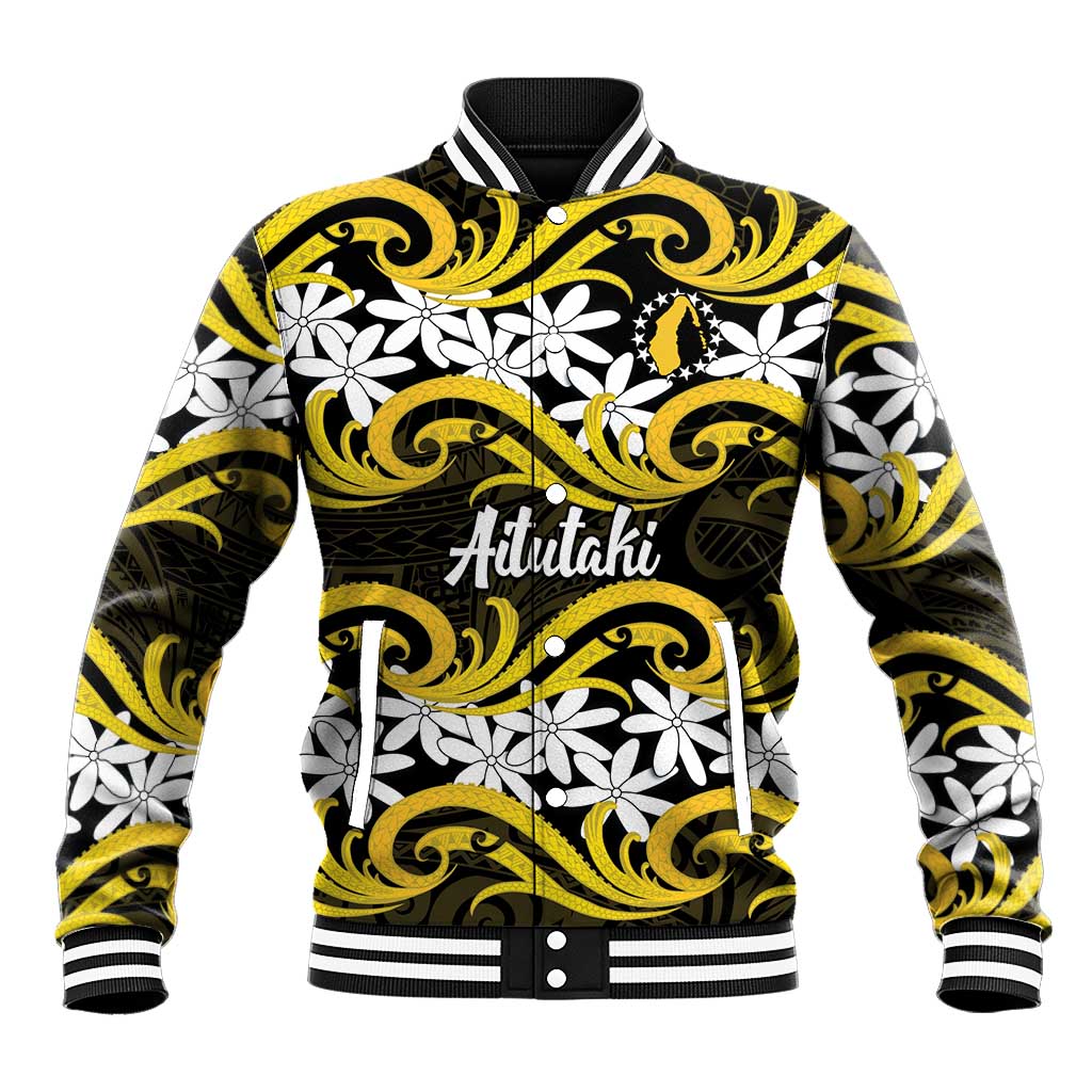 Personalised Cook Islands Aitutaki Baseball Jacket Tiare Maori Polynesian Waves Tattoo LT14 Unisex Yellow - Polynesian Pride