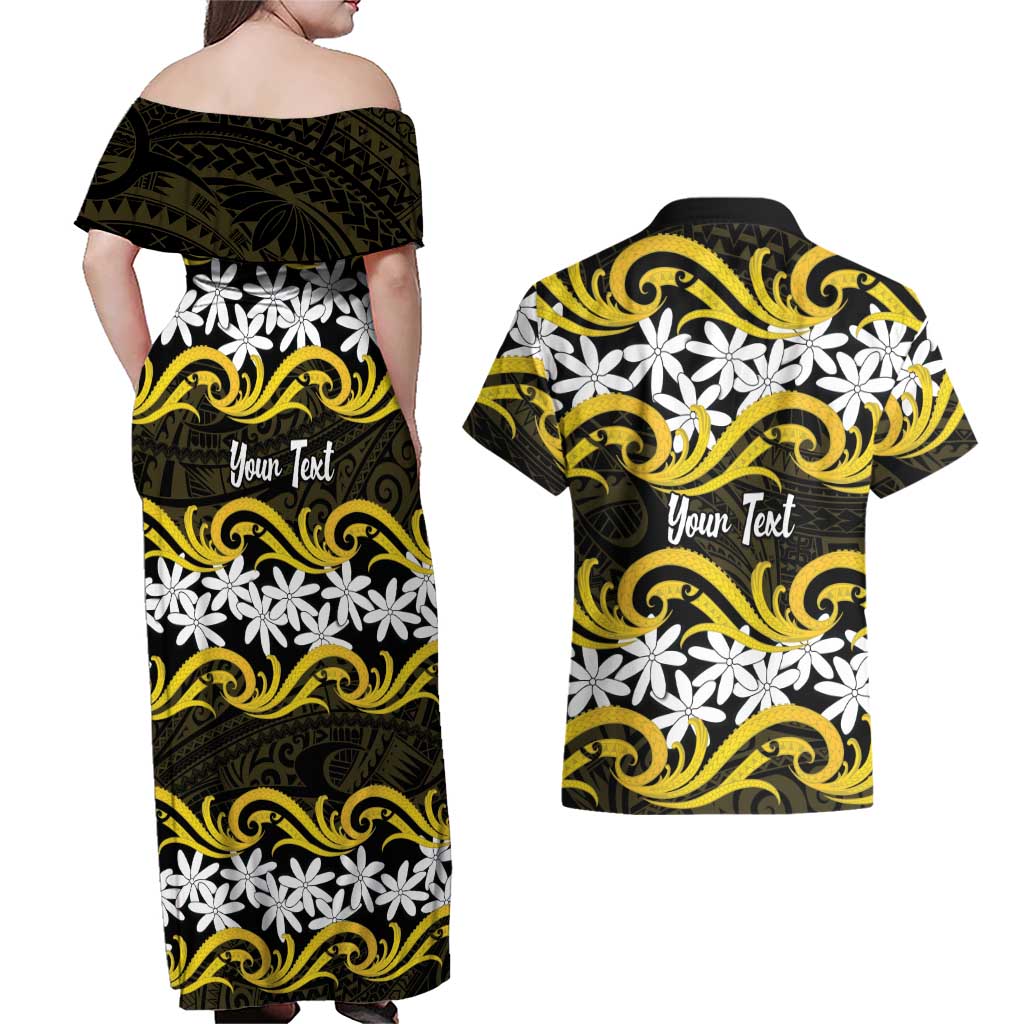 Personalised Cook Islands Aitutaki Couples Matching Off Shoulder Maxi Dress and Hawaiian Shirt Tiare Maori Polynesian Waves Tattoo LT14 - Polynesian Pride