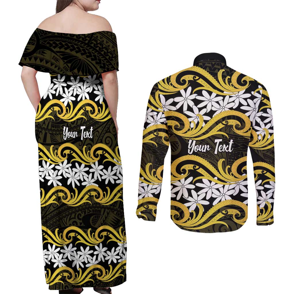 Personalised Cook Islands Aitutaki Couples Matching Off Shoulder Maxi Dress and Long Sleeve Button Shirt Tiare Maori Polynesian Waves Tattoo LT14 - Polynesian Pride