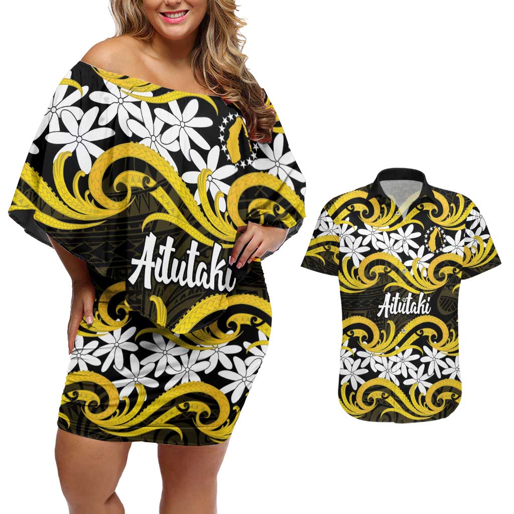 Personalised Cook Islands Aitutaki Couples Matching Off Shoulder Short Dress and Hawaiian Shirt Tiare Maori Polynesian Waves Tattoo