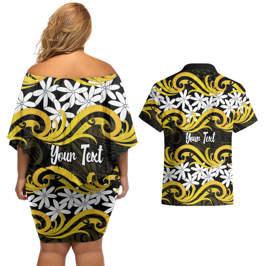 Personalised Cook Islands Aitutaki Couples Matching Off Shoulder Short Dress and Hawaiian Shirt Tiare Maori Polynesian Waves Tattoo