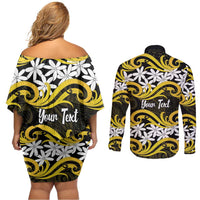Personalised Cook Islands Aitutaki Couples Matching Off Shoulder Short Dress and Long Sleeve Button Shirt Tiare Maori Polynesian Waves Tattoo LT14 - Polynesian Pride