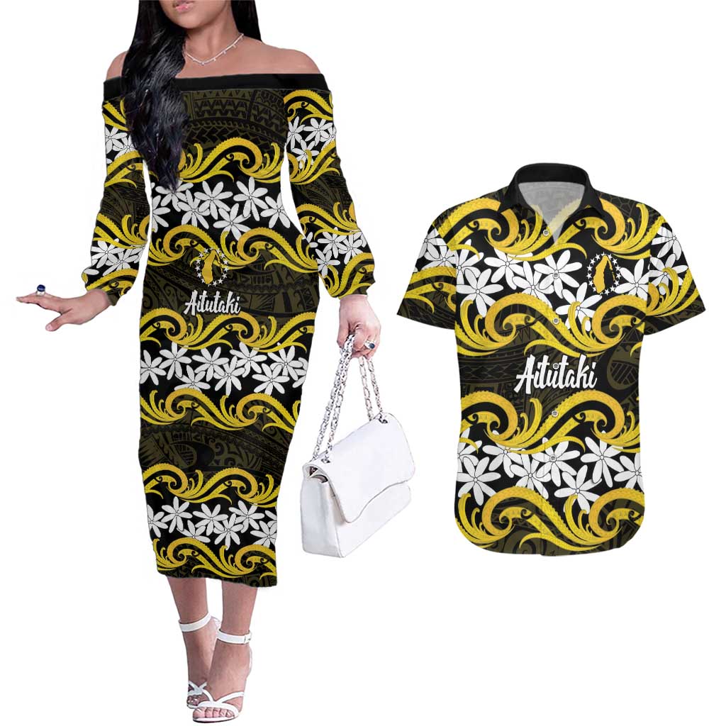 Personalised Cook Islands Aitutaki Couples Matching Off The Shoulder Long Sleeve Dress and Hawaiian Shirt Tiare Maori Polynesian Waves Tattoo