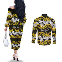 Personalised Cook Islands Aitutaki Couples Matching Off The Shoulder Long Sleeve Dress and Long Sleeve Button Shirt Tiare Maori Polynesian Waves Tattoo