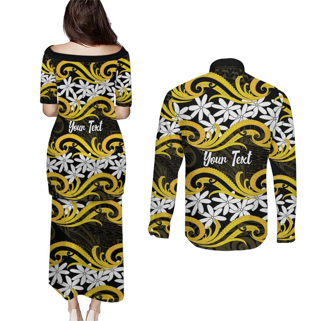 Personalised Cook Islands Aitutaki Couples Matching Puletasi and Long Sleeve Button Shirt Tiare Maori Polynesian Waves Tattoo LT14 - Polynesian Pride