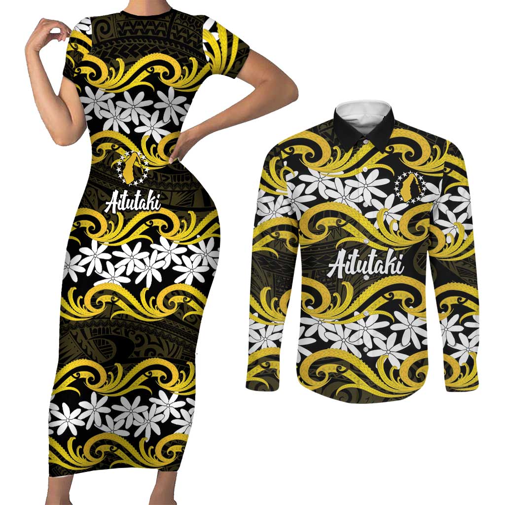 Personalised Cook Islands Aitutaki Couples Matching Short Sleeve Bodycon Dress and Long Sleeve Button Shirt Tiare Maori Polynesian Waves Tattoo LT14 Yellow - Polynesian Pride