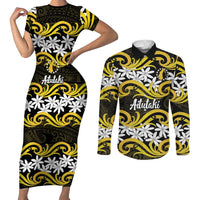 Personalised Cook Islands Aitutaki Couples Matching Short Sleeve Bodycon Dress and Long Sleeve Button Shirt Tiare Maori Polynesian Waves Tattoo LT14 Yellow - Polynesian Pride