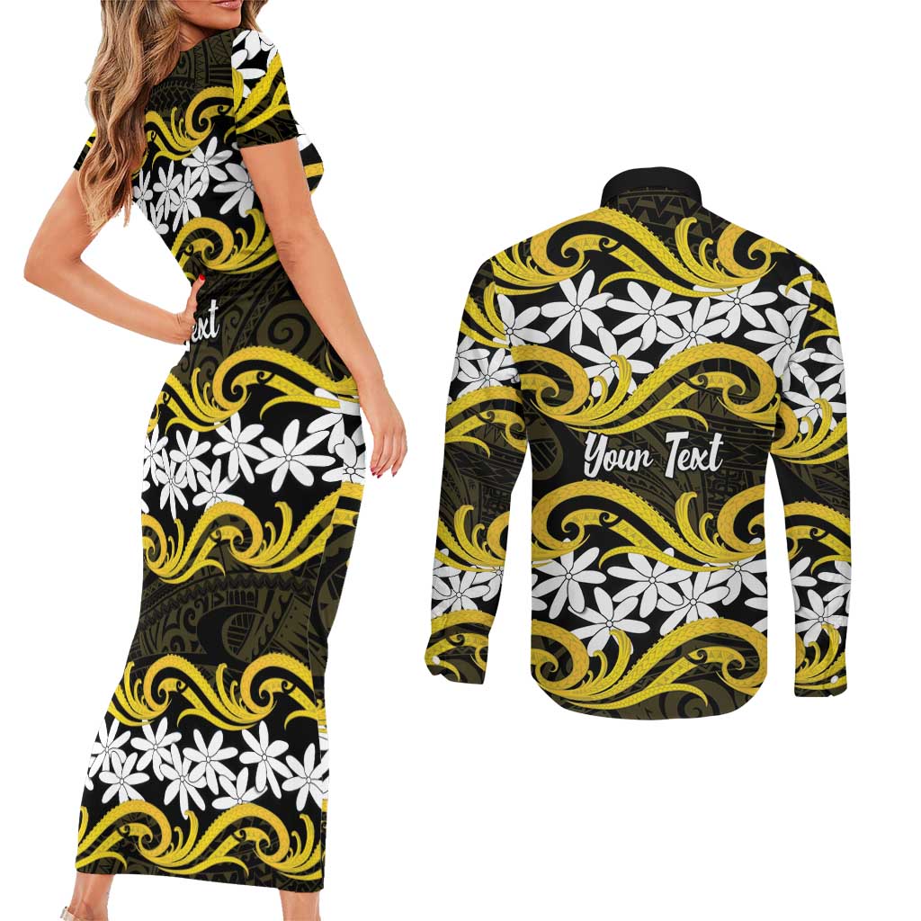 Personalised Cook Islands Aitutaki Couples Matching Short Sleeve Bodycon Dress and Long Sleeve Button Shirt Tiare Maori Polynesian Waves Tattoo LT14 - Polynesian Pride
