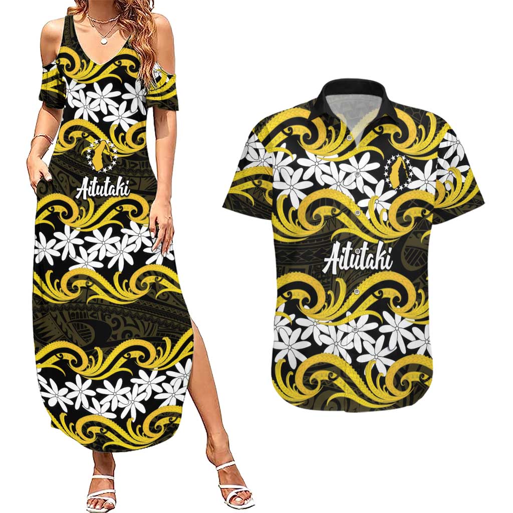 Personalised Cook Islands Aitutaki Couples Matching Summer Maxi Dress and Hawaiian Shirt Tiare Maori Polynesian Waves Tattoo LT14 Yellow - Polynesian Pride