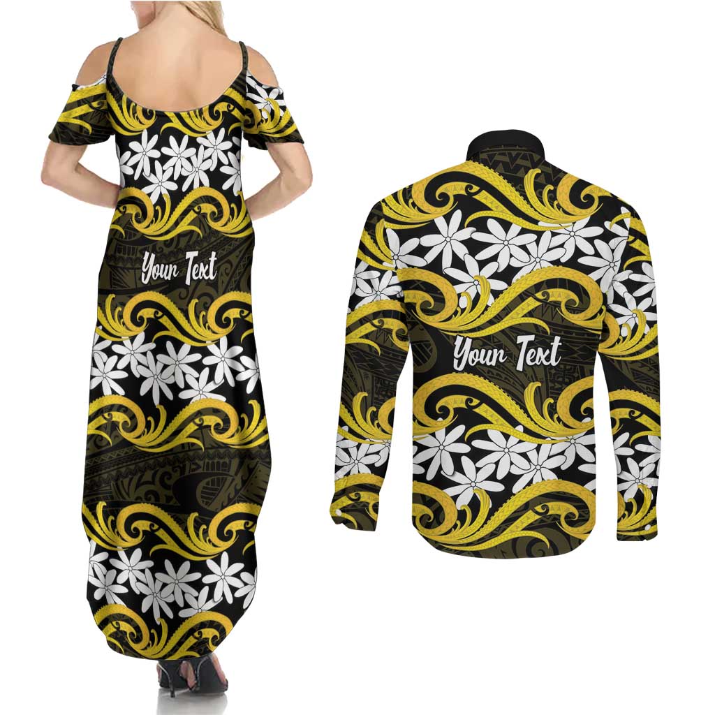Personalised Cook Islands Aitutaki Couples Matching Summer Maxi Dress and Long Sleeve Button Shirt Tiare Maori Polynesian Waves Tattoo LT14 - Polynesian Pride