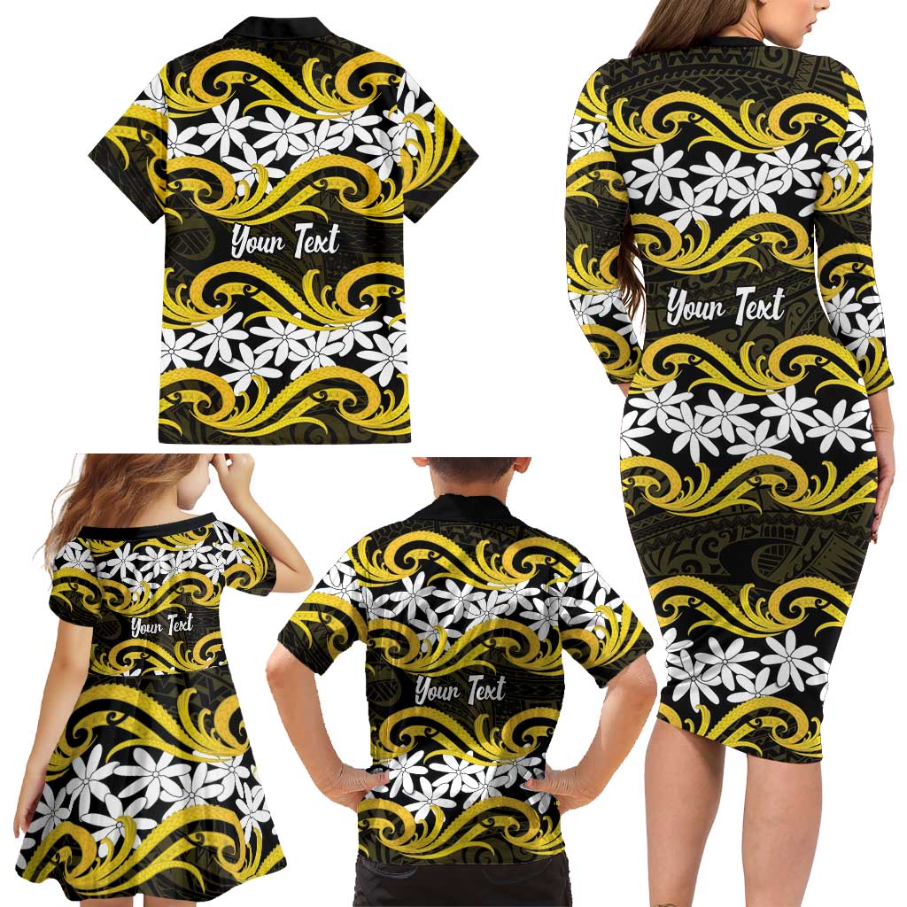 Personalised Cook Islands Aitutaki Family Matching Long Sleeve Bodycon Dress and Hawaiian Shirt Tiare Maori Polynesian Waves Tattoo LT14 - Polynesian Pride