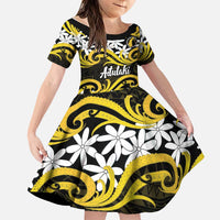 Personalised Cook Islands Aitutaki Family Matching Off The Shoulder Long Sleeve Dress and Hawaiian Shirt Tiare Maori Polynesian Waves Tattoo LT14 Daughter's Dress Yellow - Polynesian Pride