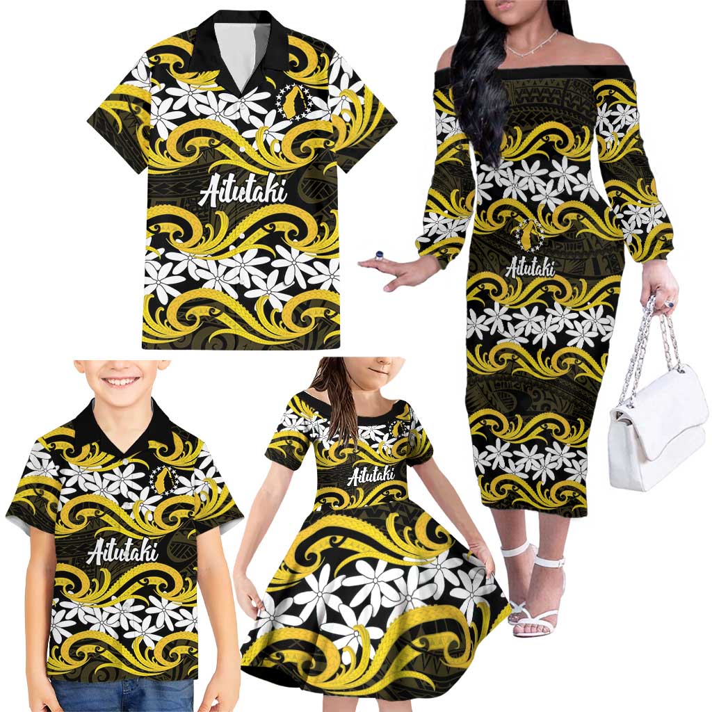 Personalised Cook Islands Aitutaki Family Matching Off The Shoulder Long Sleeve Dress and Hawaiian Shirt Tiare Maori Polynesian Waves Tattoo LT14 - Polynesian Pride