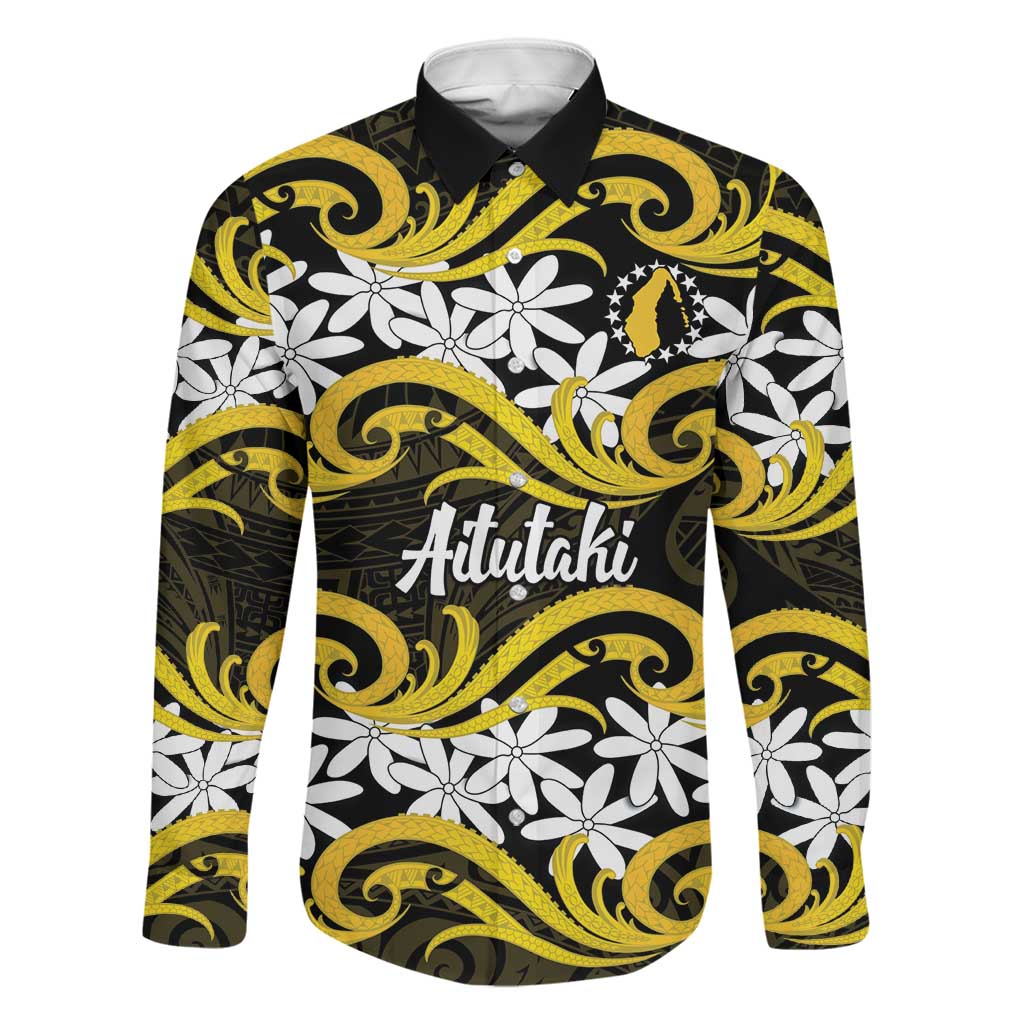 Personalised Cook Islands Aitutaki Family Matching Off Shoulder Maxi Dress and Hawaiian Shirt Tiare Maori Polynesian Waves Tattoo LT14 Dad's Shirt - Long Sleeve Yellow - Polynesian Pride