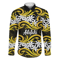 Personalised Cook Islands Aitutaki Family Matching Off Shoulder Maxi Dress and Hawaiian Shirt Tiare Maori Polynesian Waves Tattoo LT14 Dad's Shirt - Long Sleeve Yellow - Polynesian Pride