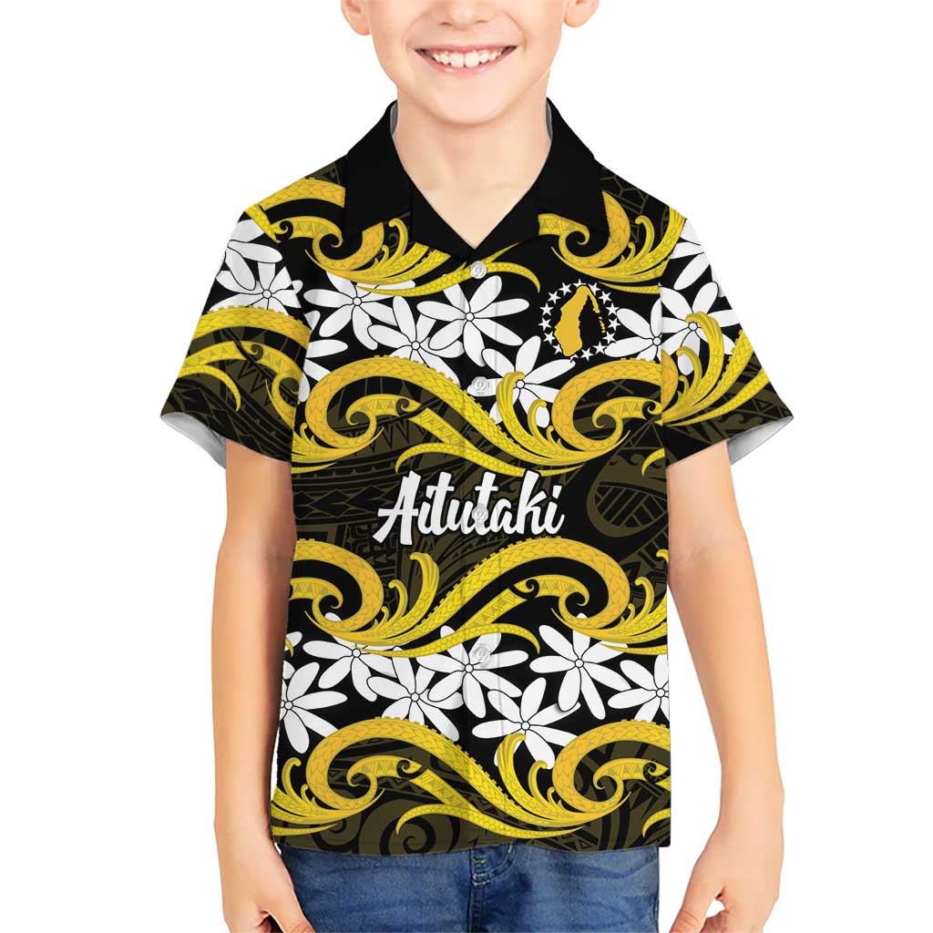 Personalised Cook Islands Aitutaki Family Matching Off Shoulder Maxi Dress and Hawaiian Shirt Tiare Maori Polynesian Waves Tattoo LT14 Son's Shirt Yellow - Polynesian Pride