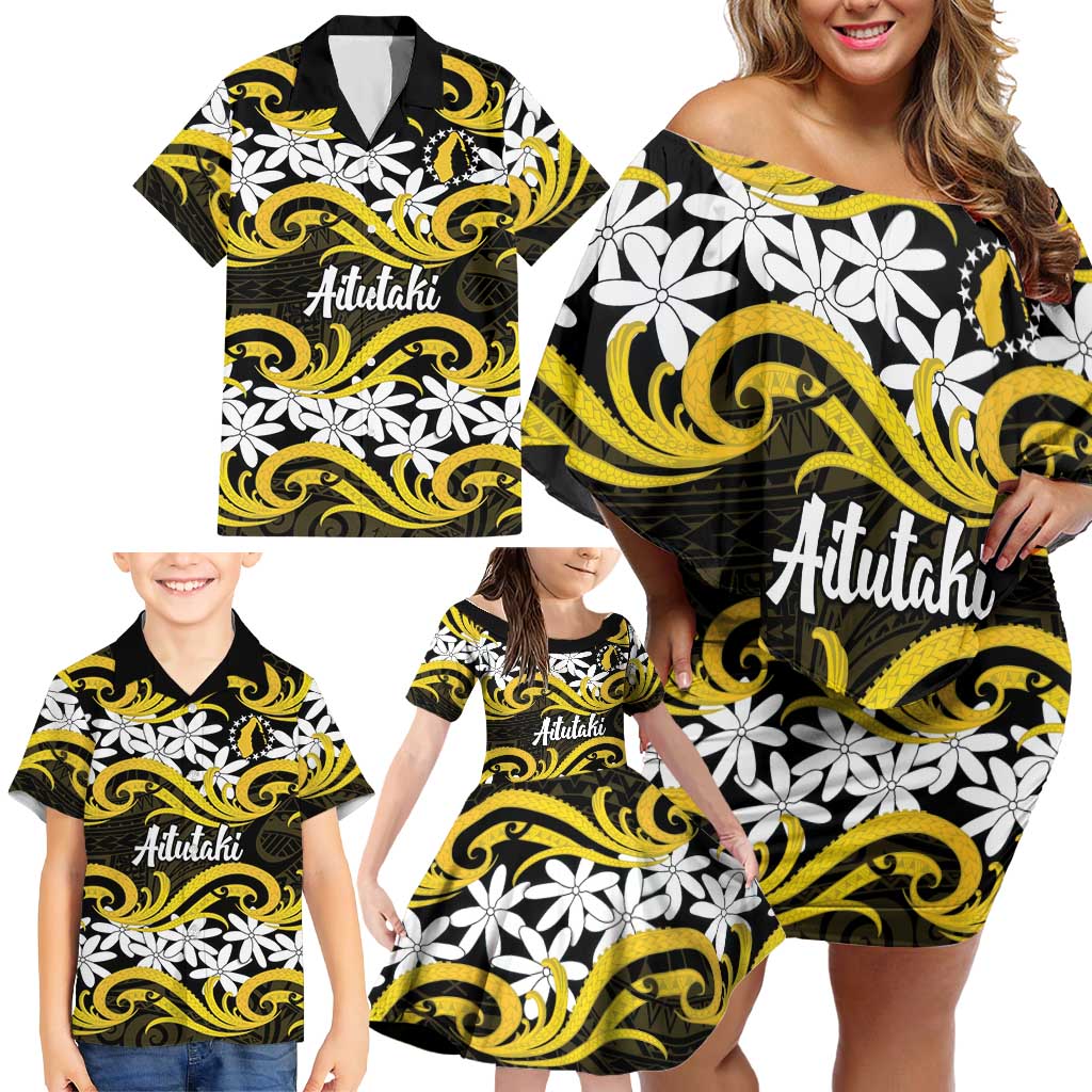 Personalised Cook Islands Aitutaki Family Matching Off Shoulder Short Dress and Hawaiian Shirt Tiare Maori Polynesian Waves Tattoo