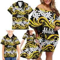 Personalised Cook Islands Aitutaki Family Matching Off Shoulder Short Dress and Hawaiian Shirt Tiare Maori Polynesian Waves Tattoo LT14 - Polynesian Pride