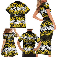 Personalised Cook Islands Aitutaki Family Matching Short Sleeve Bodycon Dress and Hawaiian Shirt Tiare Maori Polynesian Waves Tattoo LT14 - Polynesian Pride