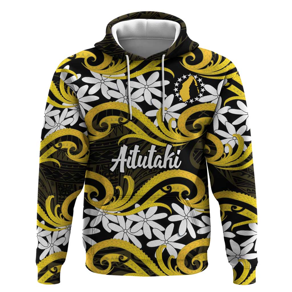 Personalised Cook Islands Aitutaki Hoodie Tiare Maori Polynesian Waves Tattoo LT14 Pullover Hoodie Yellow - Polynesian Pride