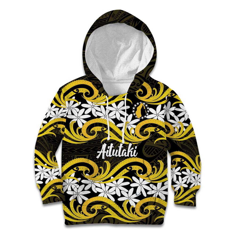 Personalised Cook Islands Aitutaki Kid Hoodie Tiare Maori Polynesian Waves Tattoo LT14 Hoodie Yellow - Polynesian Pride