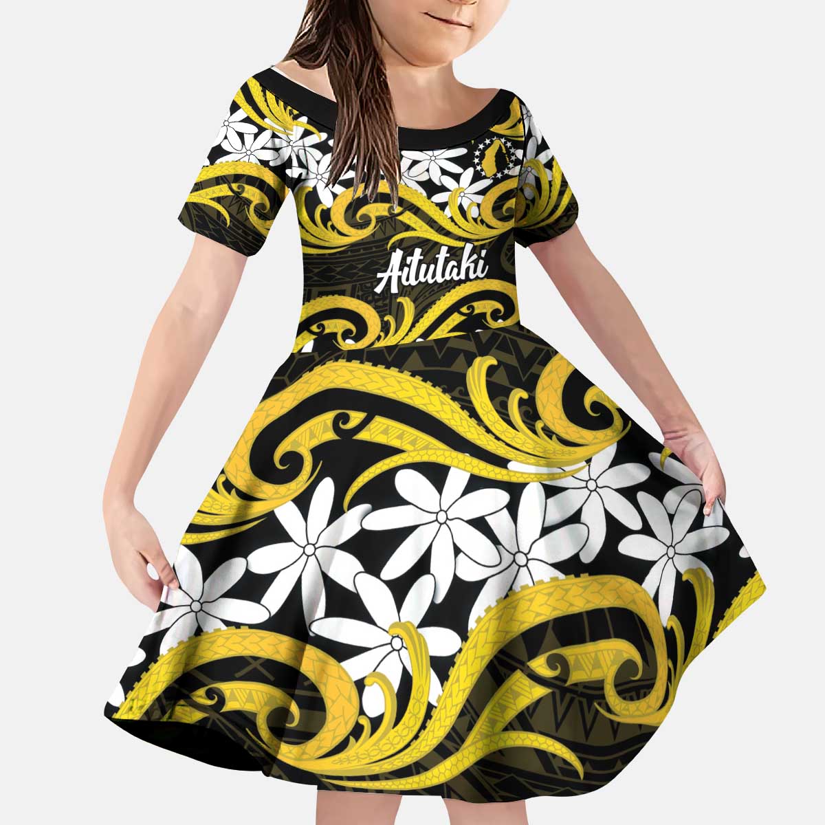 Personalised Cook Islands Aitutaki Kid Short Sleeve Dress Tiare Maori Polynesian Waves Tattoo LT14 KID Yellow - Polynesian Pride