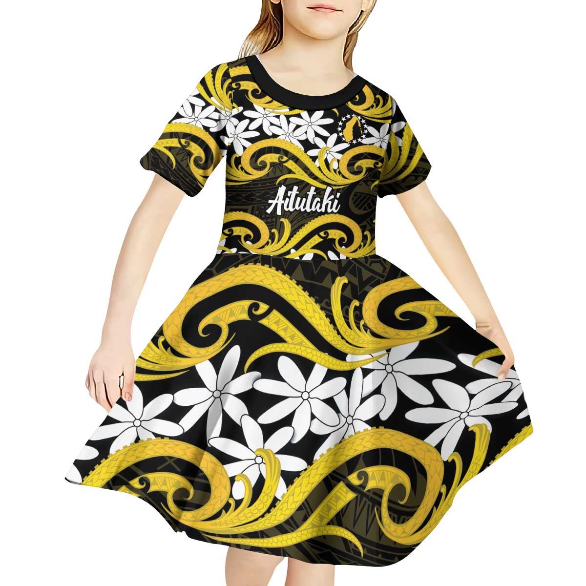 Personalised Cook Islands Aitutaki Kid Short Sleeve Dress Tiare Maori Polynesian Waves Tattoo LT14 - Polynesian Pride