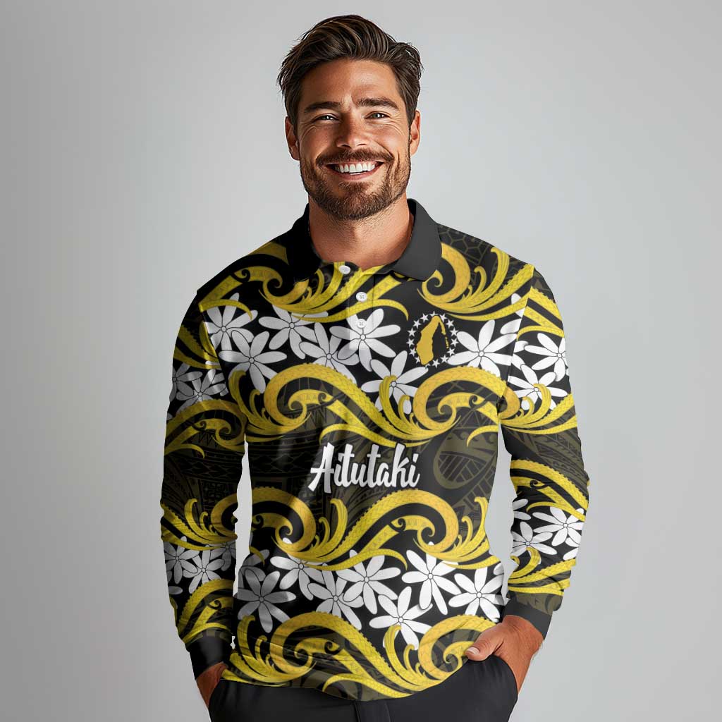 Personalised Cook Islands Aitutaki Long Sleeve Polo Shirt Tiare Maori Polynesian Waves Tattoo LT14 - Polynesian Pride