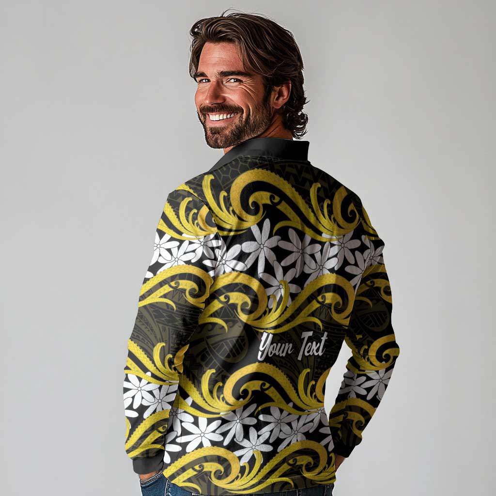 Personalised Cook Islands Aitutaki Long Sleeve Polo Shirt Tiare Maori Polynesian Waves Tattoo LT14 - Polynesian Pride