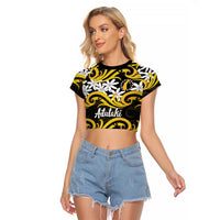 Personalised Cook Islands Aitutaki Raglan Cropped T Shirt Tiare Maori Polynesian Waves Tattoo