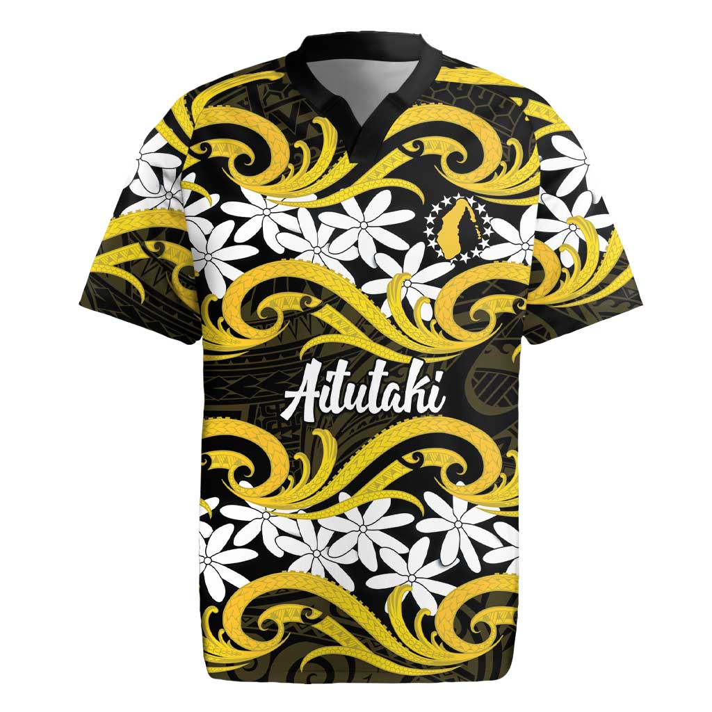 Personalised Cook Islands Aitutaki Rugby Jersey Tiare Maori Polynesian Waves Tattoo LT14 Yellow - Polynesian Pride