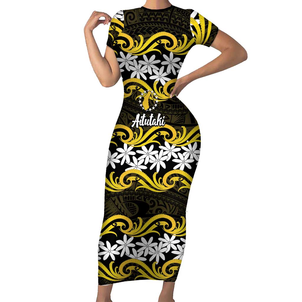 Personalised Cook Islands Aitutaki Short Sleeve Bodycon Dress Tiare Maori Polynesian Waves Tattoo LT14 Long Dress Yellow - Polynesian Pride