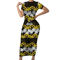 Personalised Cook Islands Aitutaki Short Sleeve Bodycon Dress Tiare Maori Polynesian Waves Tattoo LT14 Long Dress Yellow - Polynesian Pride