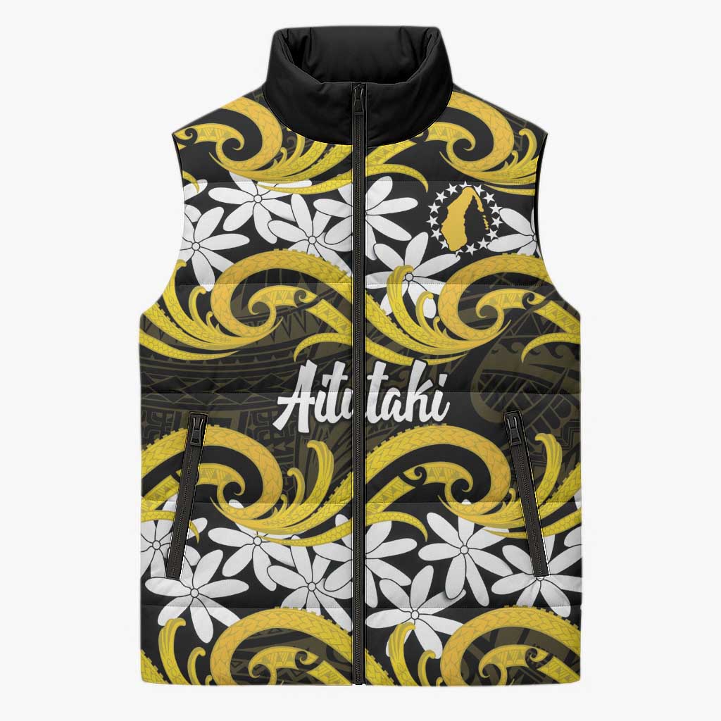 Personalised Cook Islands Aitutaki Sleeveless Puffer Jacket Tiare Maori Polynesian Waves Tattoo LT14 Unisex Yellow - Polynesian Pride