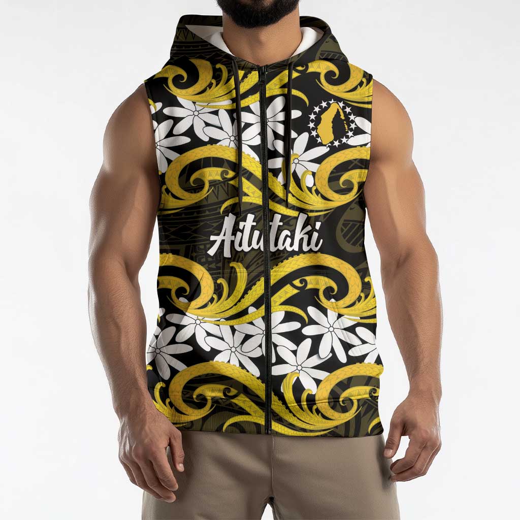 Personalised Cook Islands Aitutaki Sleeveless Zip Hoodie Tiare Maori Polynesian Waves Tattoo LT14 - Polynesian Pride