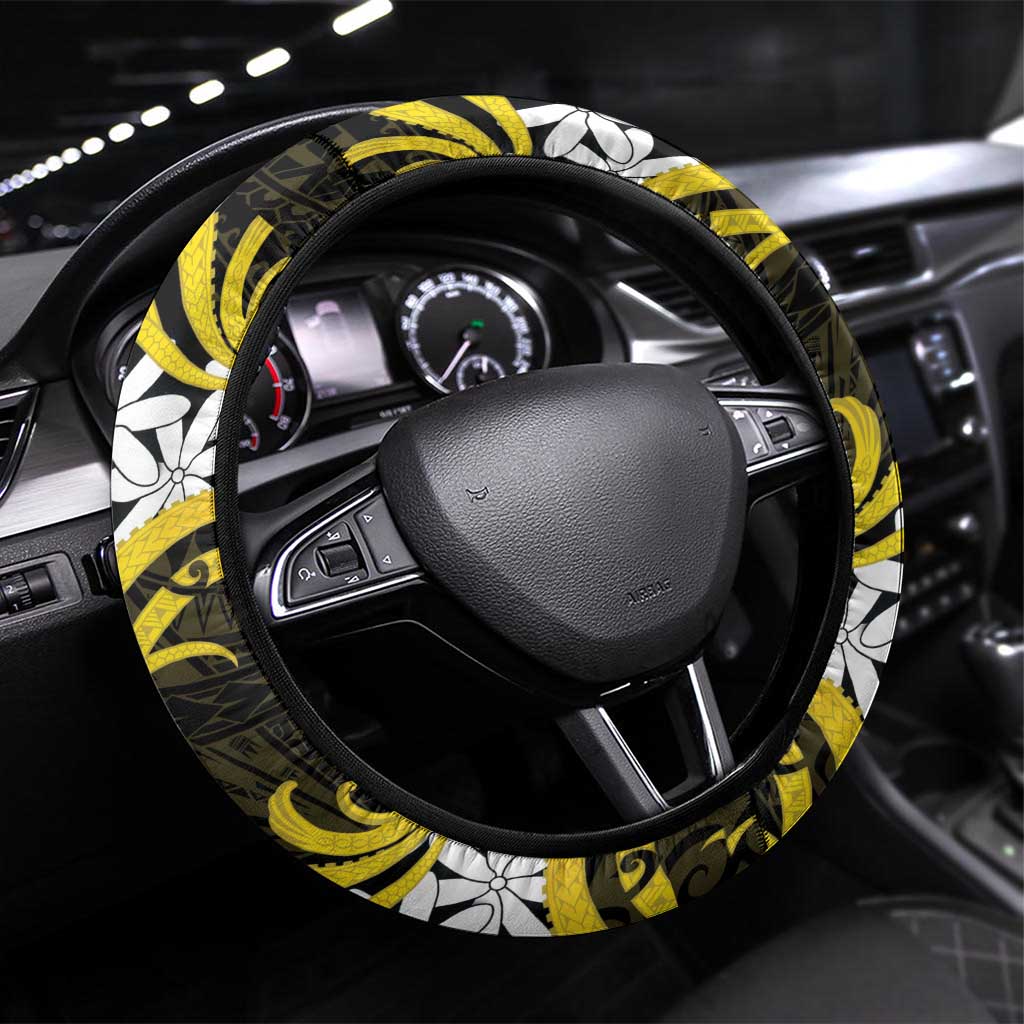 Cook Islands Aitutaki Steering Wheel Cover Tiare Maori Polynesian Waves Tattoo LT14 Universal Fit Yellow - Polynesian Pride