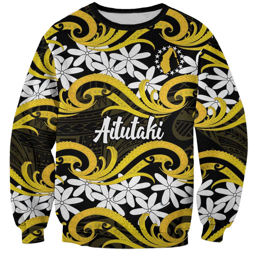 Personalised Cook Islands Aitutaki Sweatshirt Tiare Maori Polynesian Waves Tattoo