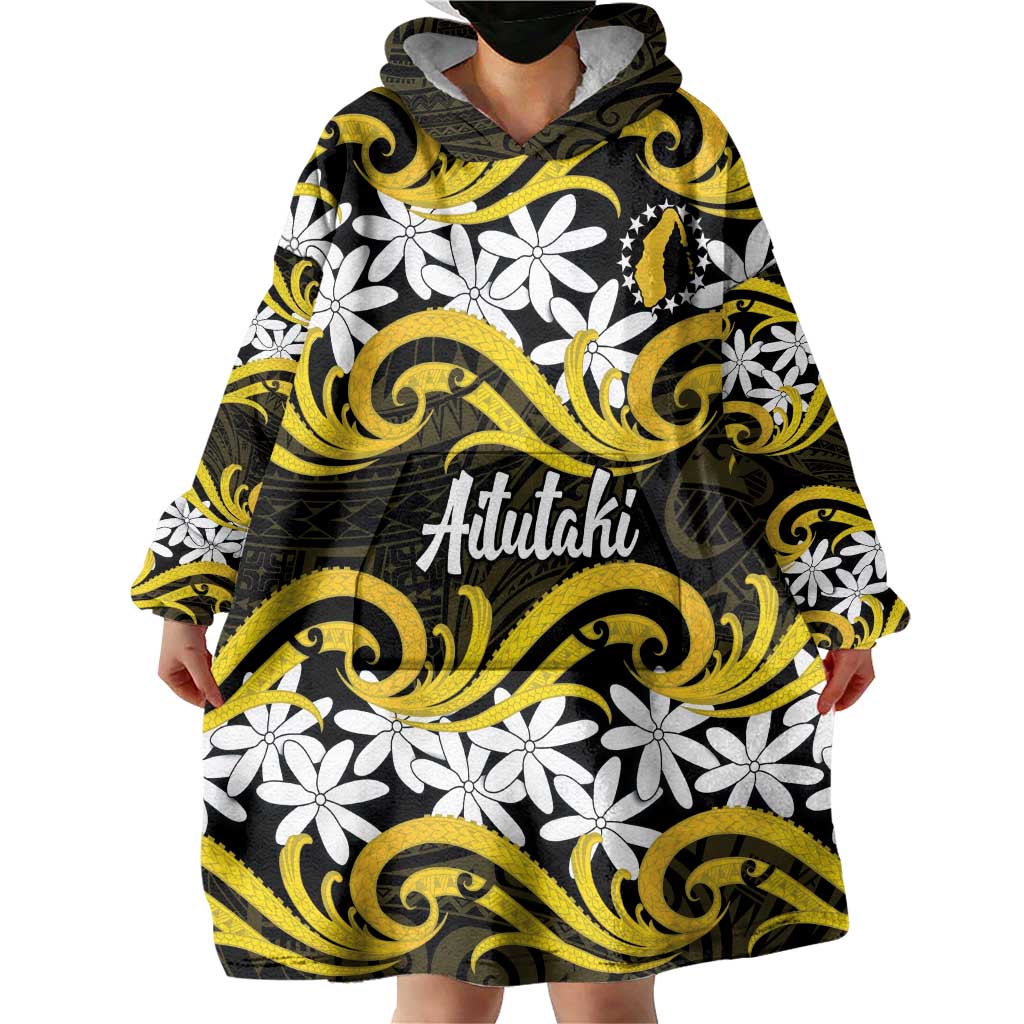 Personalised Cook Islands Aitutaki Wearable Blanket Hoodie Tiare Maori Polynesian Waves Tattoo LT14 - Polynesian Pride