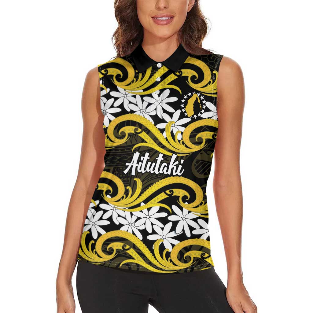 Personalised Cook Islands Aitutaki Women Sleeveless Polo Shirt Tiare Maori Polynesian Waves Tattoo LT14 - Polynesian Pride