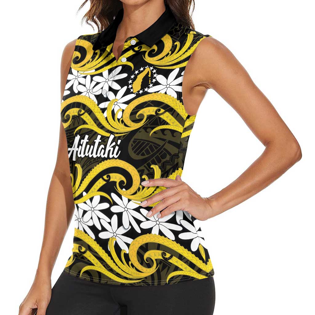 Personalised Cook Islands Aitutaki Women Sleeveless Polo Shirt Tiare Maori Polynesian Waves Tattoo LT14 - Polynesian Pride