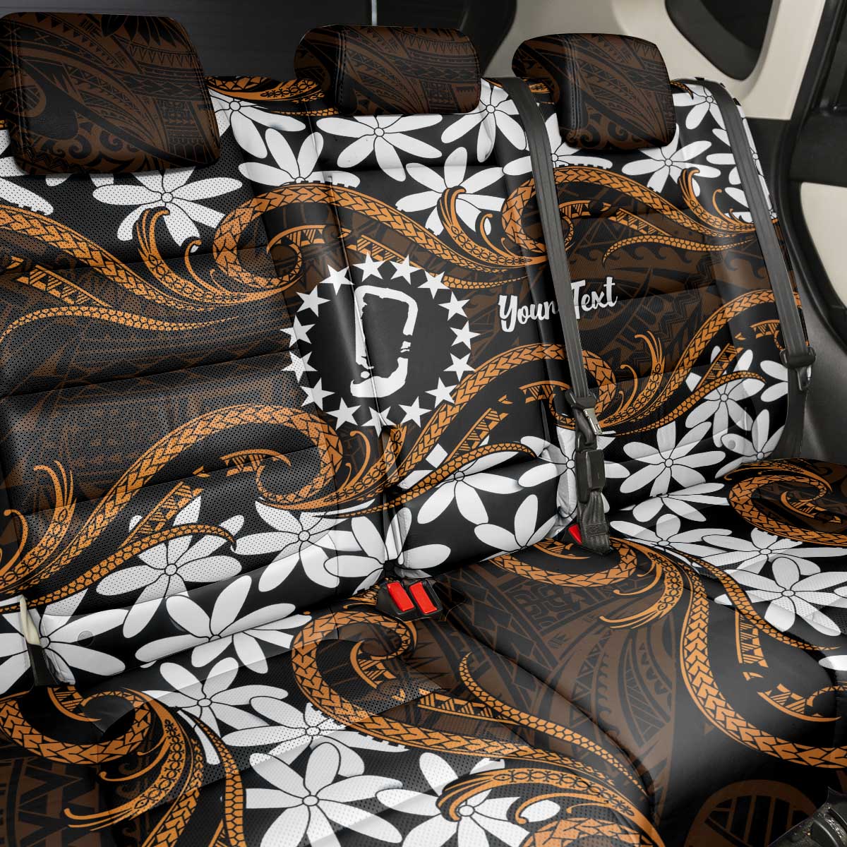 Personalised Cook Islands Rakahanga Back Car Seat Cover Tiare Maori Polynesian Waves Tattoo