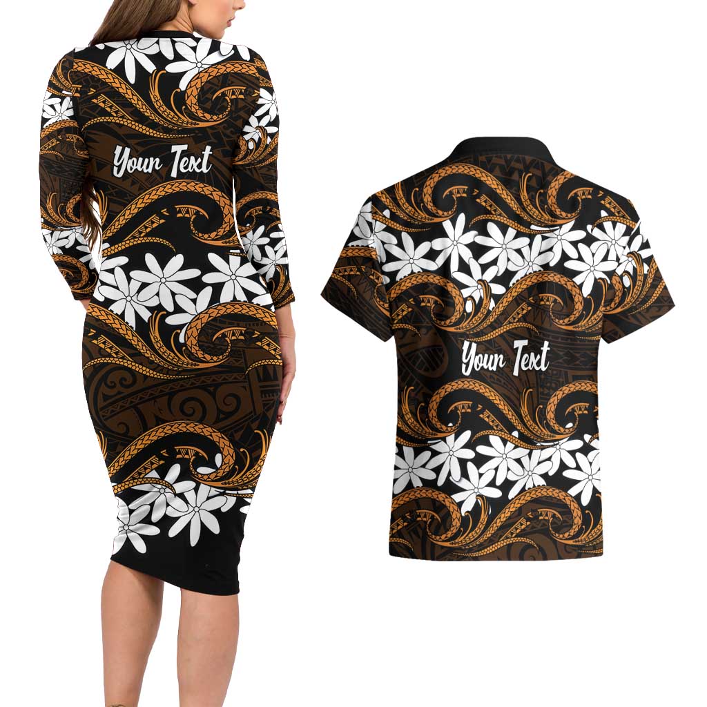 Personalised Cook Islands Rakahanga Couples Matching Long Sleeve Bodycon Dress and Hawaiian Shirt Tiare Maori Polynesian Waves Tattoo LT14 - Polynesian Pride
