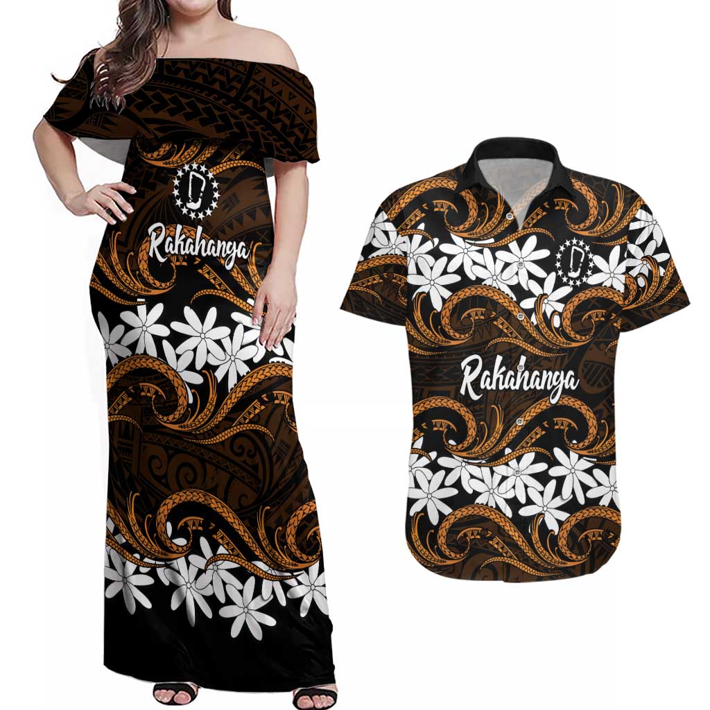 Personalised Cook Islands Rakahanga Couples Matching Off Shoulder Maxi Dress and Hawaiian Shirt Tiare Maori Polynesian Waves Tattoo