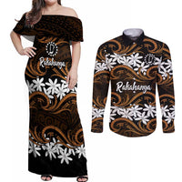 Personalised Cook Islands Rakahanga Couples Matching Off Shoulder Maxi Dress and Long Sleeve Button Shirt Tiare Maori Polynesian Waves Tattoo LT14 Orange - Polynesian Pride