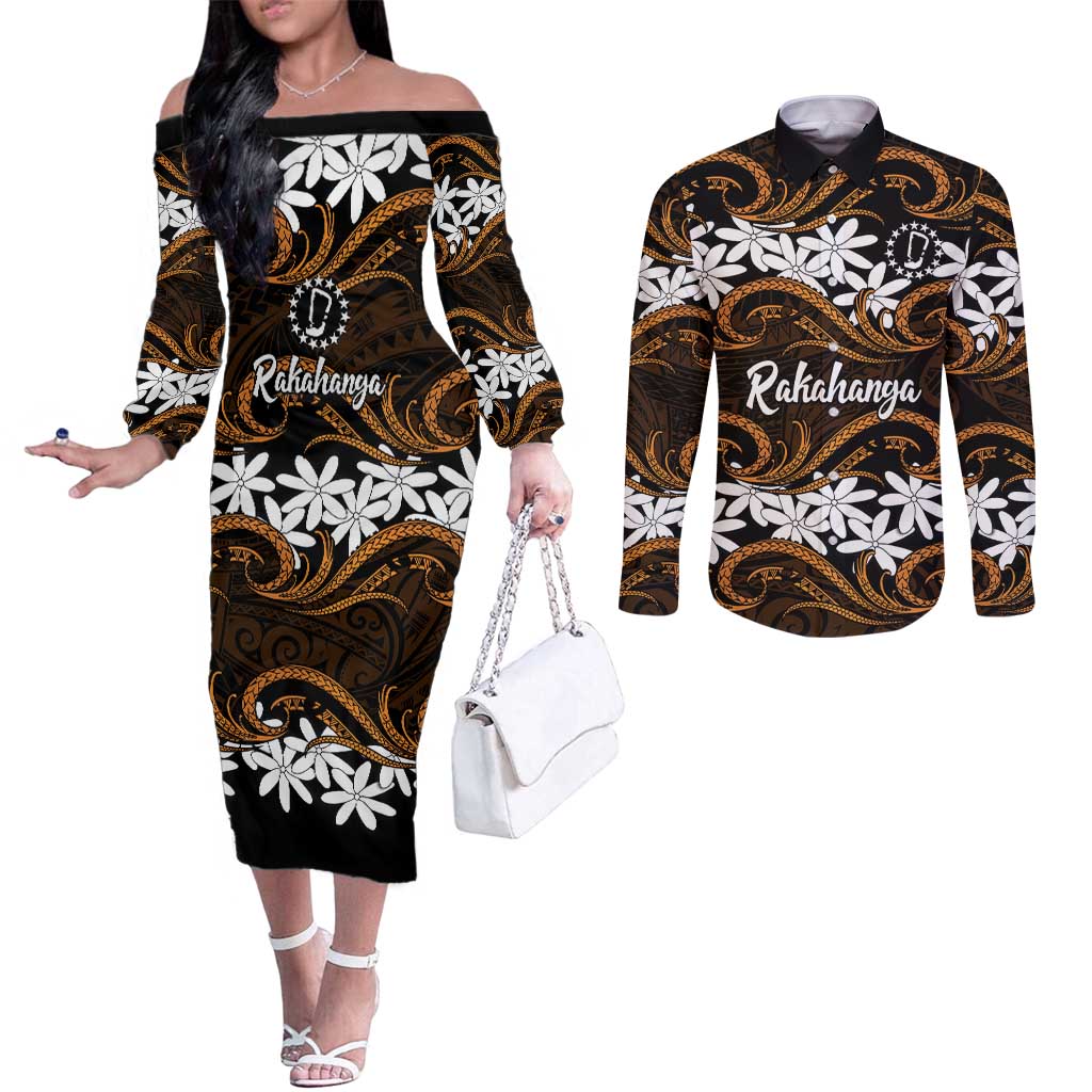 Personalised Cook Islands Rakahanga Couples Matching Off The Shoulder Long Sleeve Dress and Long Sleeve Button Shirt Tiare Maori Polynesian Waves Tattoo