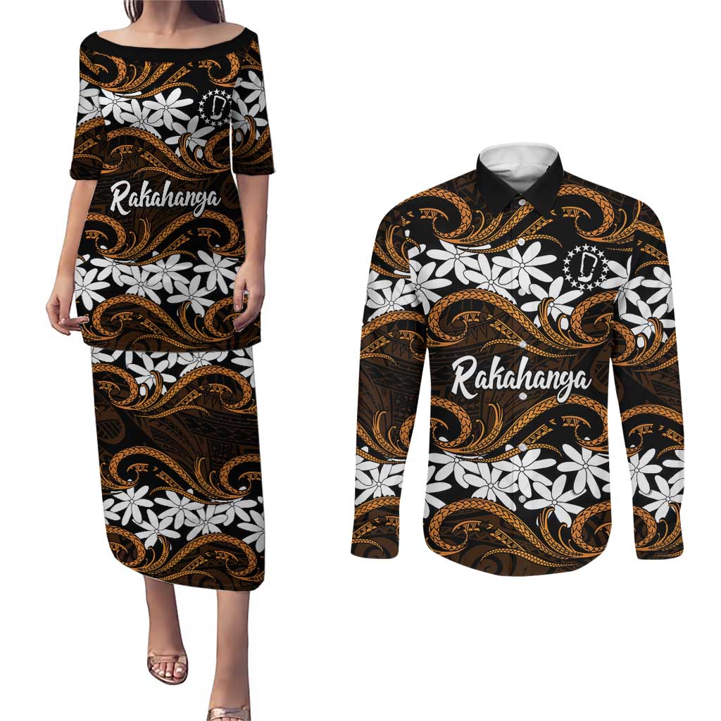 Personalised Cook Islands Rakahanga Couples Matching Puletasi and Long Sleeve Button Shirt Tiare Maori Polynesian Waves Tattoo LT14 Orange - Polynesian Pride